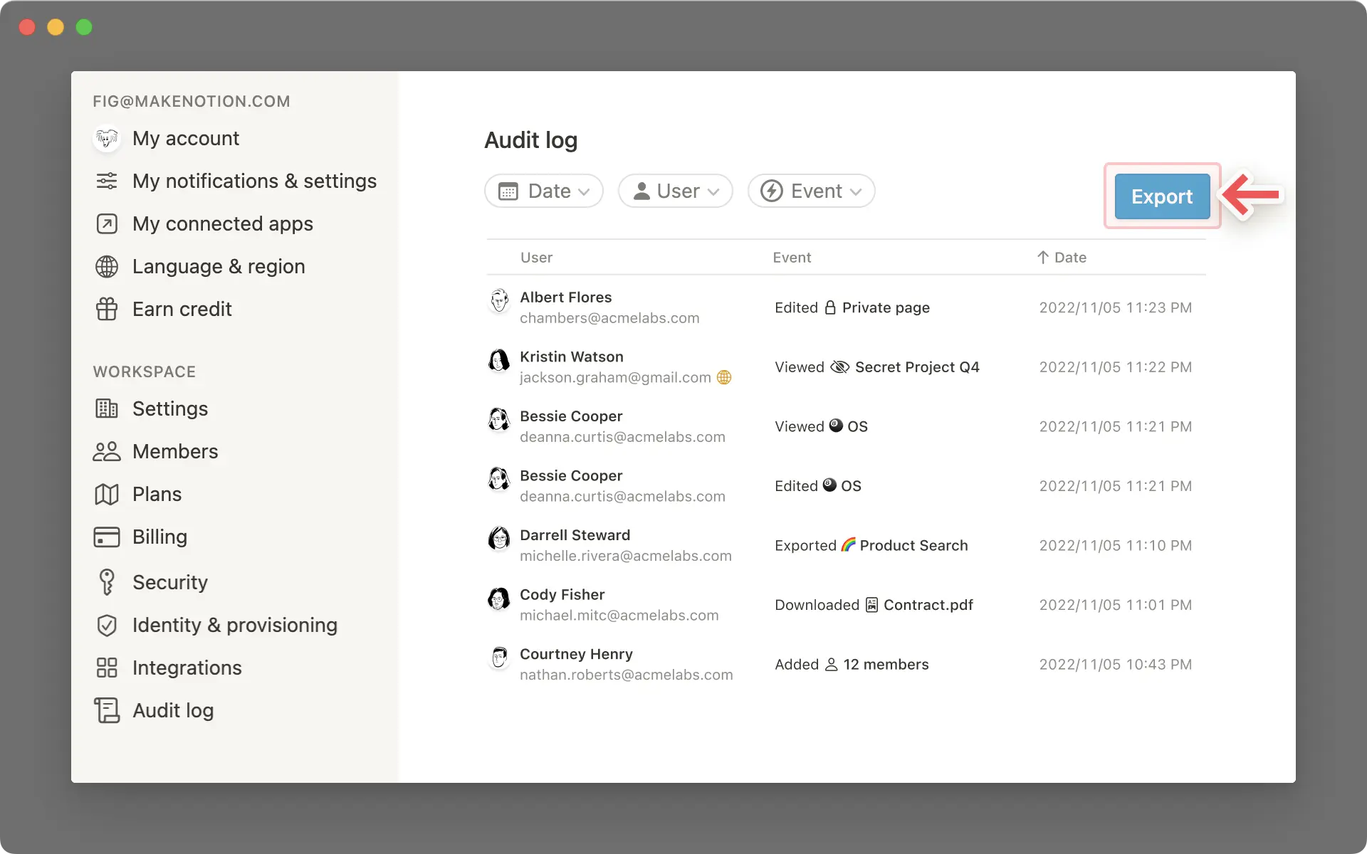 Exportación del registro de auditoría