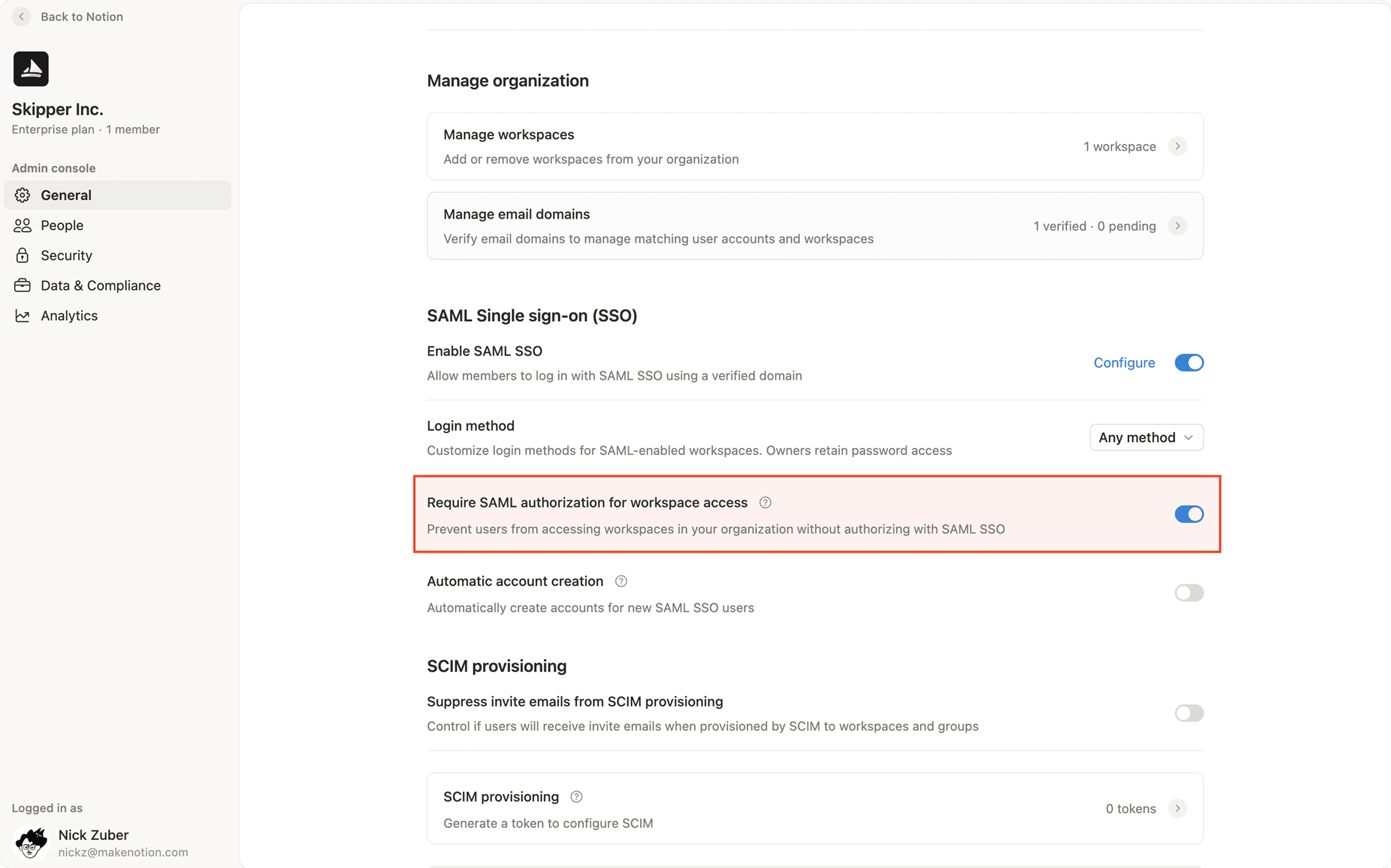 ca: configuração de autorização SAML no nível do espaço de trabalho