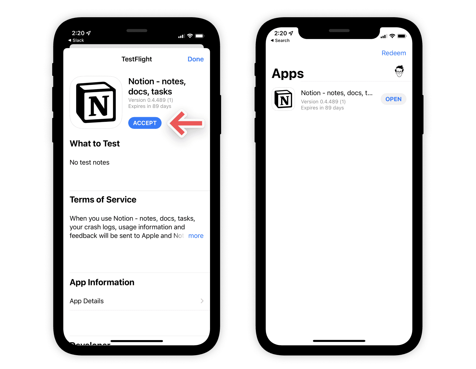 Screenshots vom Anmeldeverfahren für die Beta-Version von Notion iOS mit TestFlight.