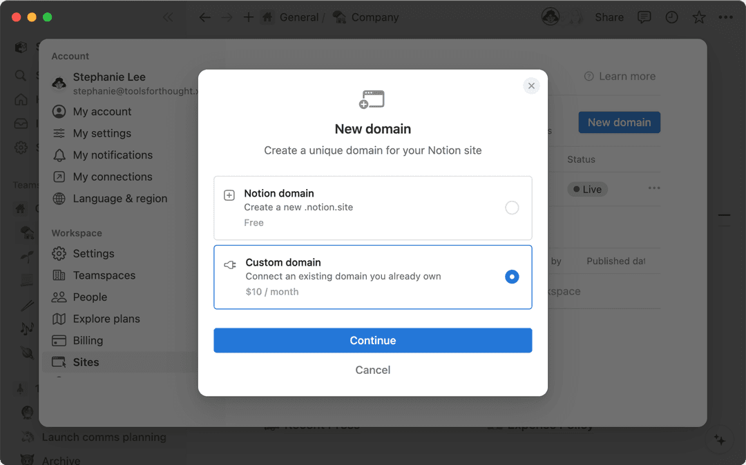 Verbinde eine individuelle Domain mit Notion Sites