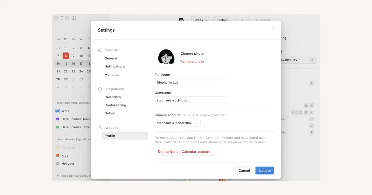 CA: administra tus cuentas de Google y Notion Calendar
