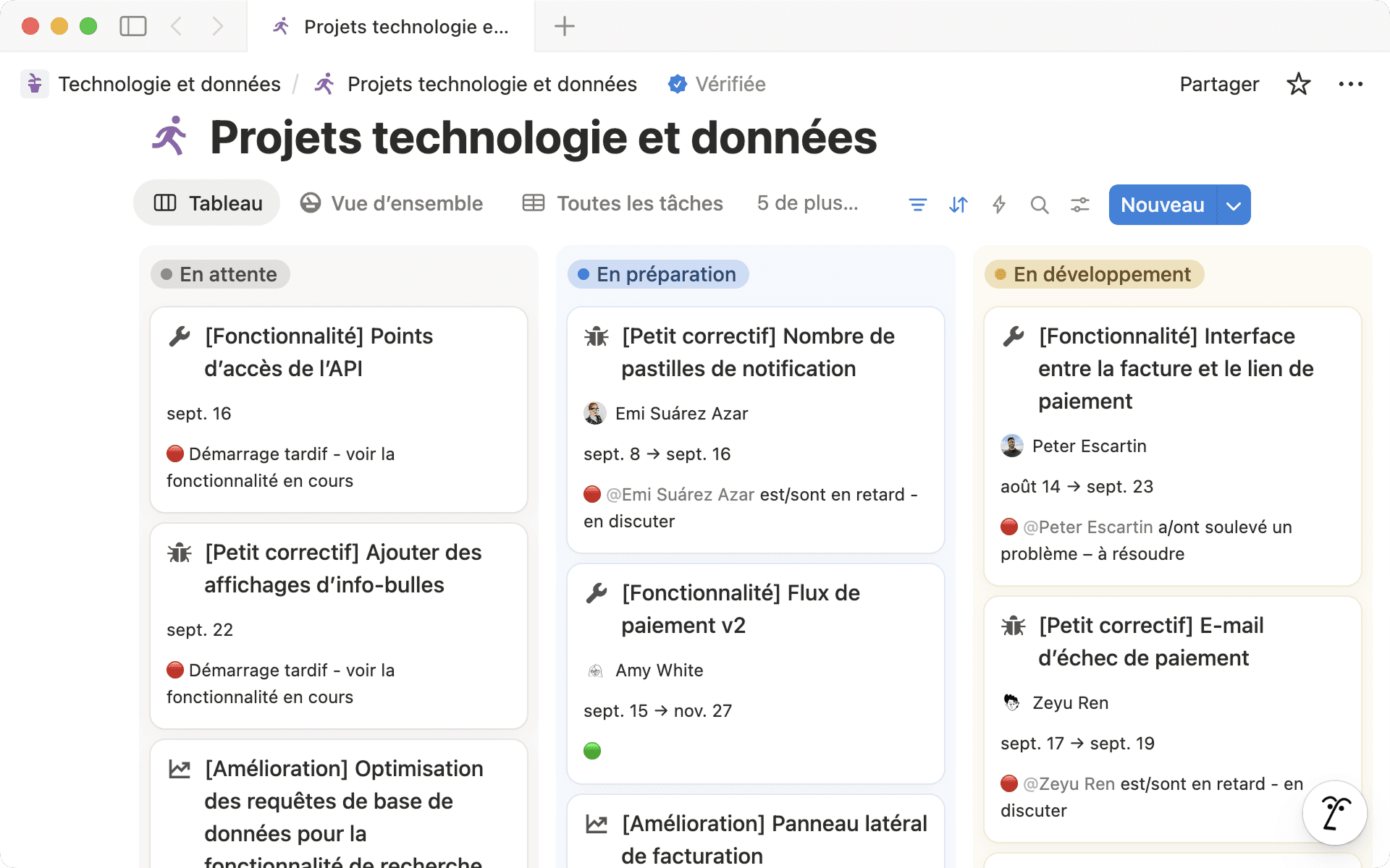 Qonto crée des Tableaux Kanbans comme celui-ci dans ses bases de données Notion, afin de garder les équipes organisées et le travail transparent.