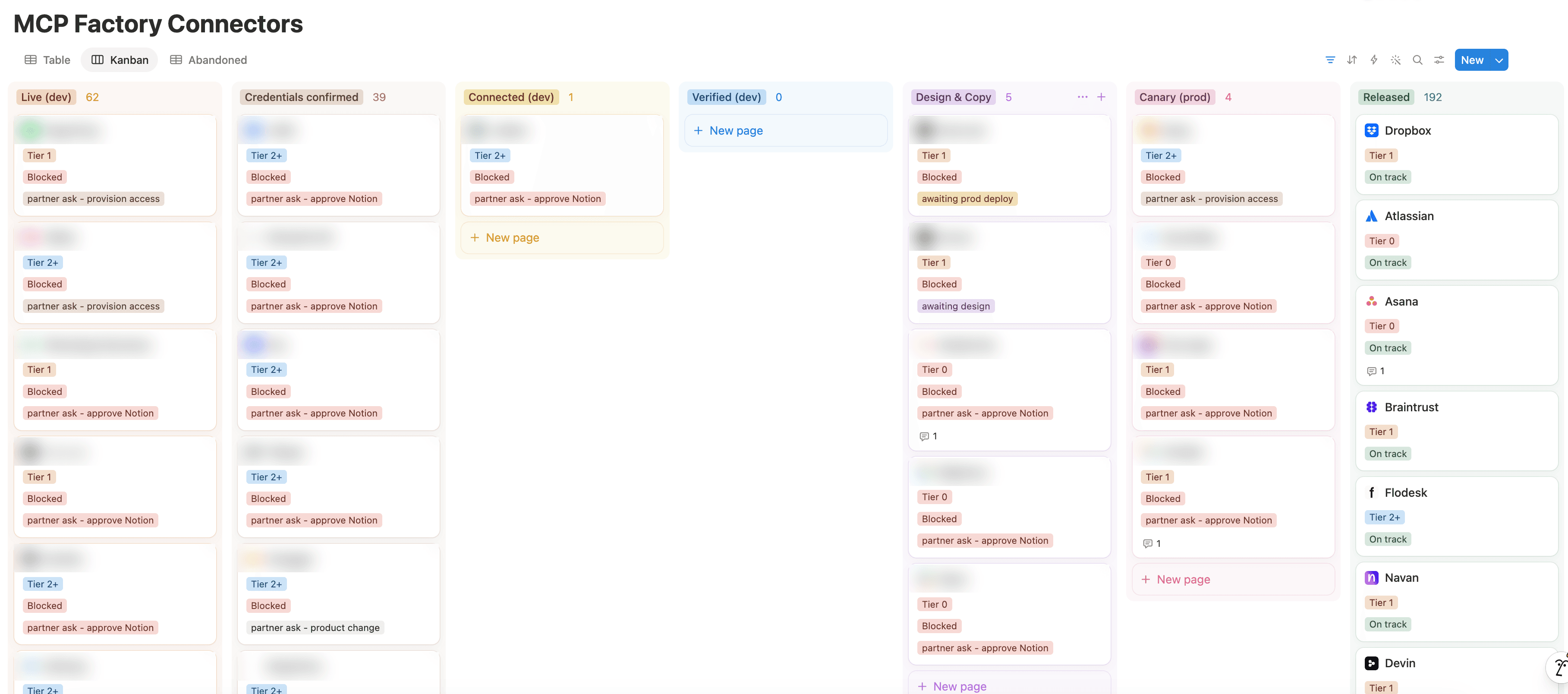 A kanban board showing an MCP Factory Connectors database in Notion
