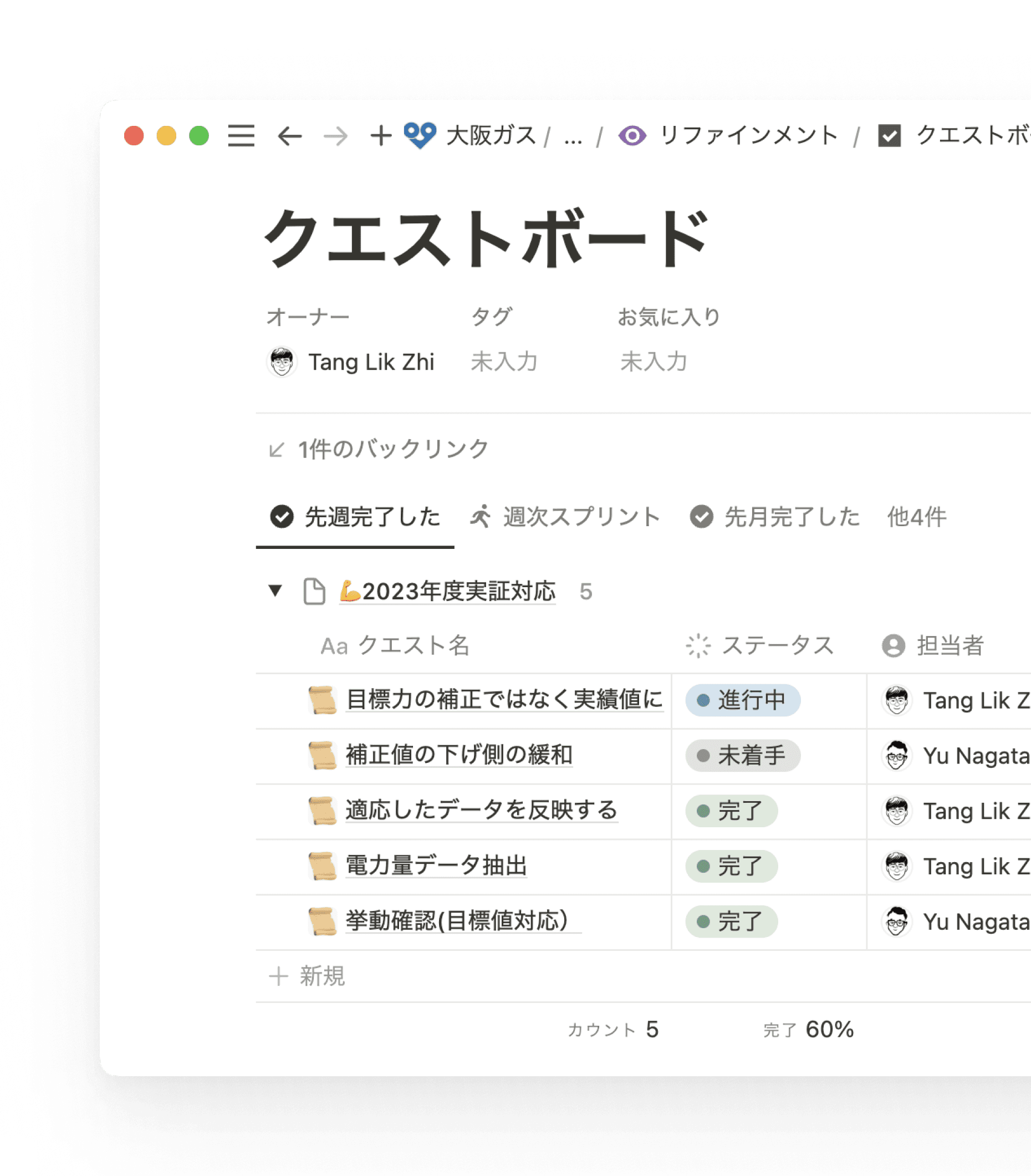 データベースで、タスクごとの進捗、オーナー、担当者を明らかにして管理。