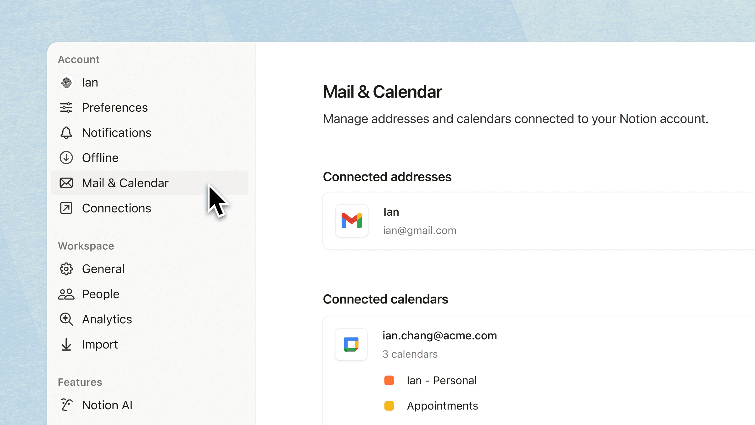Mail & Calendar, now in your settings