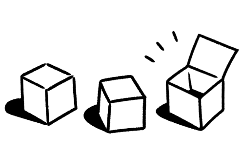 Ilustración en blanco y negro minimalista de dos cajas cerradas y una abierta.