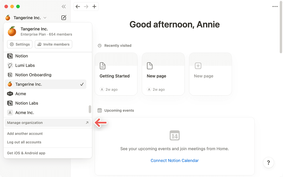 Cliquez sur « Gérer l’organisation » dans la barre latérale pour accéder à la console d’administration.