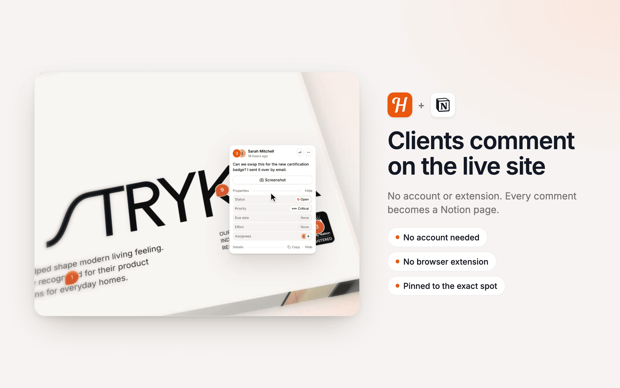 Turn client comments on your website into Notion pages, with status synced both ways.