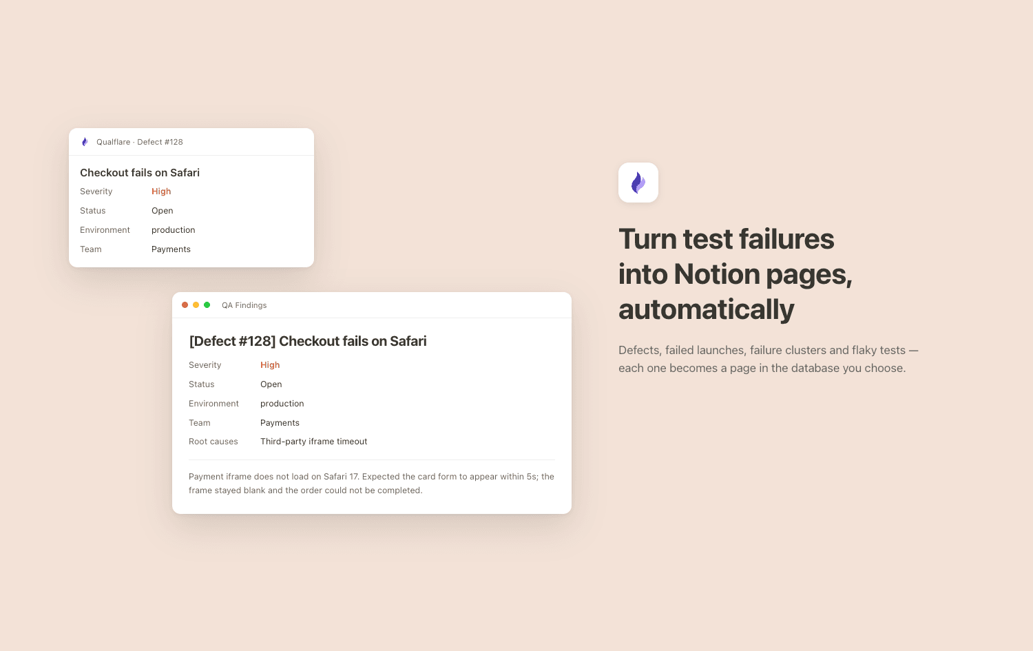 Your QA results, in the Notion database you already use.