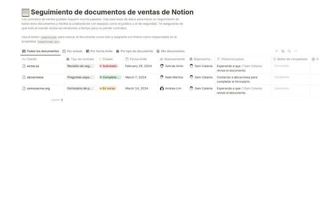 Seguimiento de documentos de venta de Notion